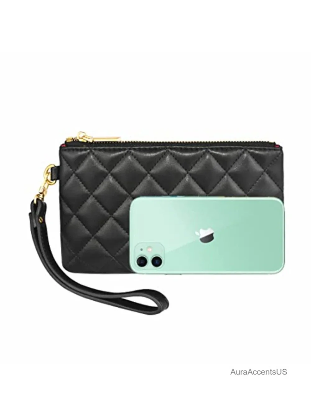 Genuine Grain Leather Wristlet Pouch Zip Clutch Bag with Card Slots Phone Purse
